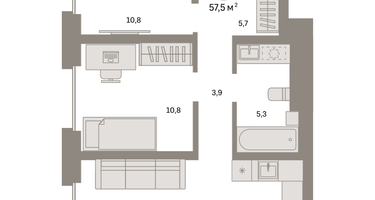2-к. квартира, 57&nbsp;м²