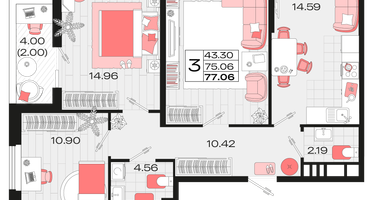 3-к. квартира, 74&nbsp;м²