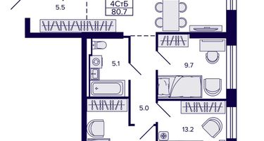4-к. квартира, 80 м²