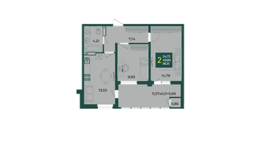 2-к. квартира, 56 м²