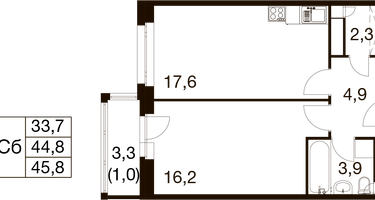 1-к. квартира, 44&nbsp;м²