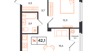 1-к. квартира, 42&nbsp;м²