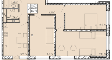 3-к. квартира, 86&nbsp;м²