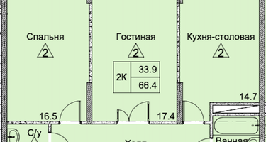 2-к. квартира, 66&nbsp;м²