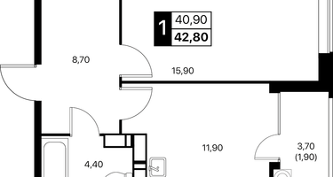 1-к. квартира, 42&nbsp;м²