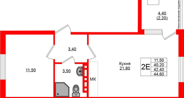 1-к. квартира, 42&nbsp;м²