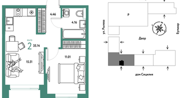 2-к. квартира, 35 м²