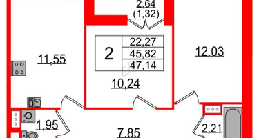 2-к. квартира, 47&nbsp;м²