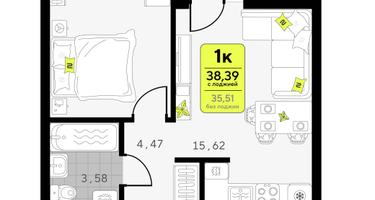 1-к. квартира, 38&nbsp;м²