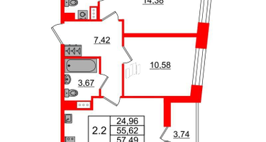 2-к. квартира, 55 м²