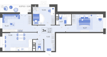 3-к. квартира, 77&nbsp;м²
