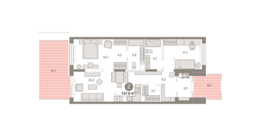 2-к. квартира, 107&nbsp;м²