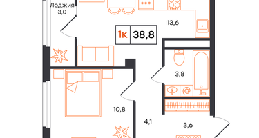 1-к. квартира, 38&nbsp;м²