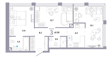 2-к. квартира, 61&nbsp;м²