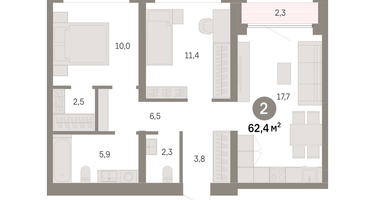 2-к. квартира, 62&nbsp;м²