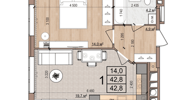 1-к. квартира, 42&nbsp;м²