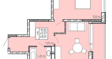1-к. квартира, 48&nbsp;м²