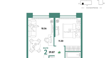 2-к. квартира, 39&nbsp;м²