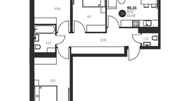 3-к. квартира, 90 м²
