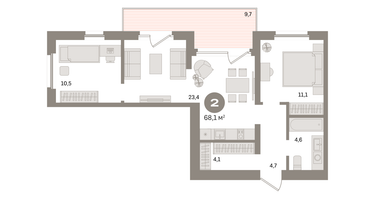 2-к. квартира, 68&nbsp;м²
