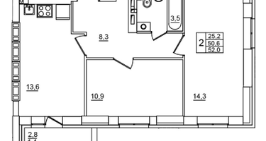 2-к. квартира, 52&nbsp;м²