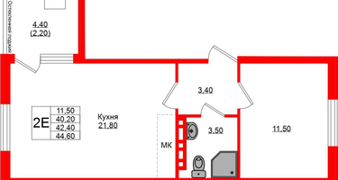 1-к. квартира, 42&nbsp;м²