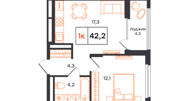 1-к. квартира, 42&nbsp;м²