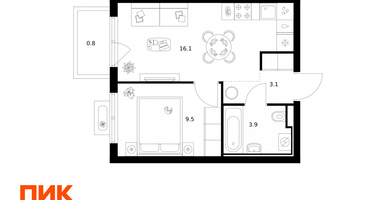 1-к. квартира, 33&nbsp;м²