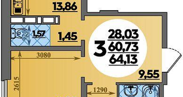 3-к. квартира, 64&nbsp;м²