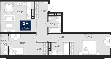 2-к. квартира, 72&nbsp;м²