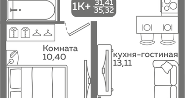 1-к. квартира, 31&nbsp;м²