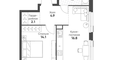 1-к. квартира, 42&nbsp;м²