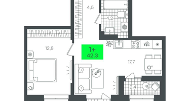 1-к. квартира, 42&nbsp;м²