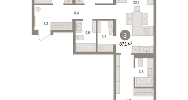 3-к. квартира, 87 м²