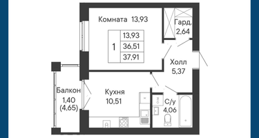 1-к. квартира, 37&nbsp;м²