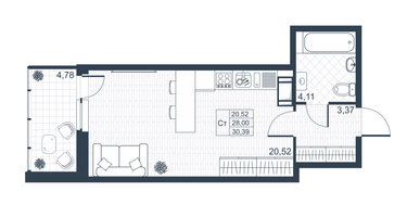 Студия, 28 м²