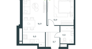 2-к. квартира, 43&nbsp;м²