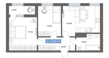 2-к. квартира, 69&nbsp;м²