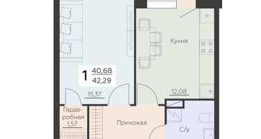 1-к. квартира, 42&nbsp;м²