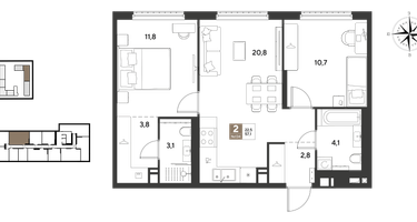 2-к. квартира, 57 м²