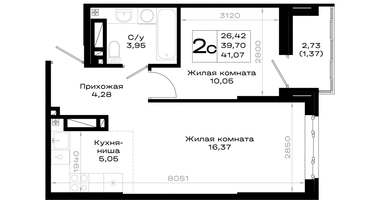 1-к. квартира, 41&nbsp;м²