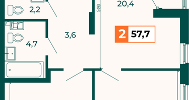 2-к. квартира, 57&nbsp;м²