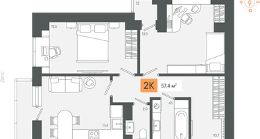 2-к. квартира, 57&nbsp;м²