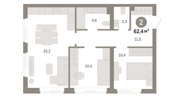 2-к. квартира, 62 м²