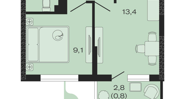 1-к. квартира, 31&nbsp;м²