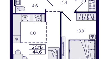 2-к. квартира, 44 м²