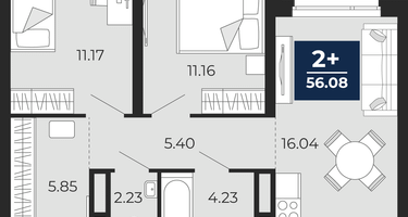 2-к. квартира, 56&nbsp;м²