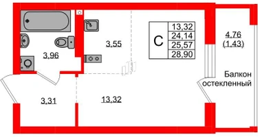 Студия, 25&nbsp;м²