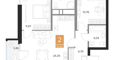 2-к. квартира, 63&nbsp;м²