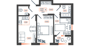 3-к. квартира, 58&nbsp;м²